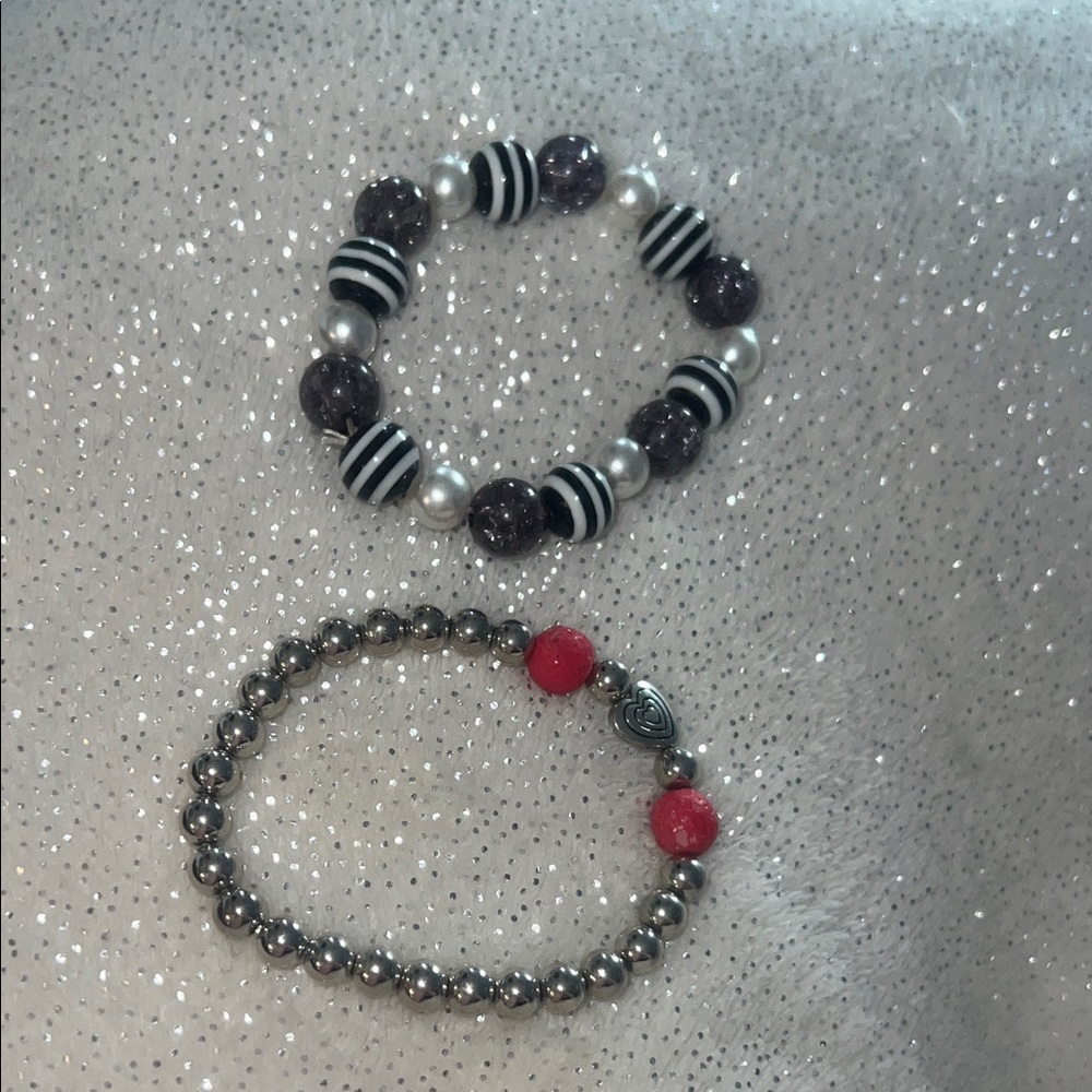 Stretch silver Beaded Bracelet Set of 2